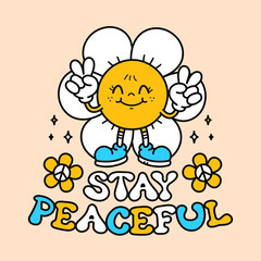 Cute funny flower show peace gesture t-shirt print design. Vector retro vintage cartoon character illustration. Funny hippie flower,camomile slogan print for t-shirt,poster,sticker,logo art concept