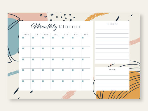 Monthly planning template with abstract art backgrounds set with botanical palm leaves and abstract geometric shapes. Blank monthly planner with notes. Simple stylish organizer design. Vector illustra