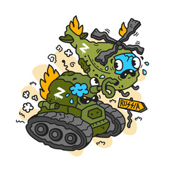 Russian tank and helicopter after war in Ukraine. Vector cartoon character illustration design. Isolated on white background. Russian invasion, agression in Ukraine concept