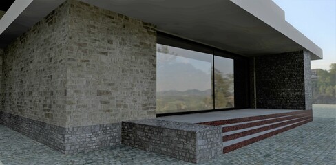 Front entrance to a luxurious house. The ends of the steps are red granite. Porch trim in gray slate. 3d render.