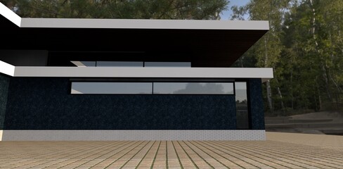 Luxurious house in a birch park. The walls are finished with blue pearl granite. The basement is white brick. 3d render.