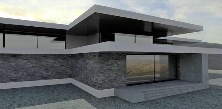 Luxurious high-tech building. Large terrace and flat roof. Slate gray finish. Concrete steps of the porch. 3d render.
