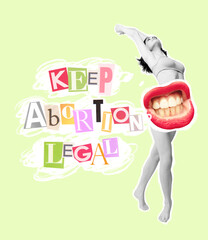 Contemporary art collage. Tender woman with female mouth element. Keep abortion legal. Medical care