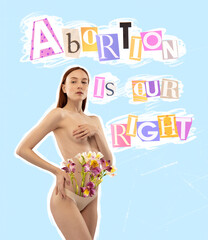 Contemporary art collage. Portrait of young woman taking care after her woman's health. Legal...