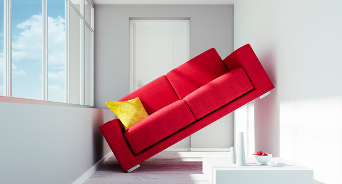 Too big red sofa with problem to fit in a  small white room