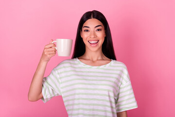 Photo of funky positive lady enjoy latte coffee shop order tasty flavor isolated on pastel color background