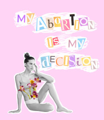 Contemporary art collage. Conceptual image. Teder young woman with blooming flowers symbolizing female health.