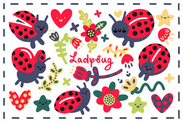 Big summer vector collection in scandinavian style. Charming kawaii ladybugs with flowers, twigs, hearts and stars for babies, decor, textiles, prints, posters, patterns, decor, postcards, interior