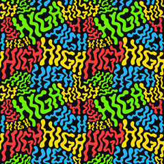 Deformed wavy high word seamless pattern wallpaper.Vector graphic character illustration.420 trippy lettering,weed,rasta,cannabis,marijuana,high seamless pattern wallpaper print concept
