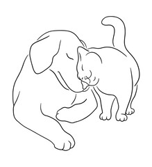 Cat and dog cuddle. Cat rubs against a dog. Line art sketch of kitten and dog. Pets friendly concept