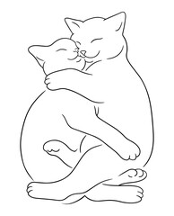 Two kittens cuddle and sleep together. Line art sketch of sleeping cats hug each other. Pets friendly concept