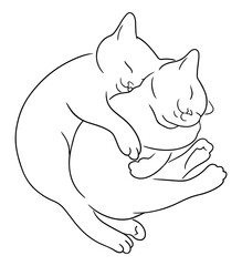 Two cats cuddle and sleep together. Line art sketch of sleeping kittens hug each other. Pets friendly concept