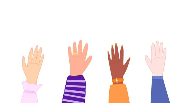 Animation and motion graphic. Drawn hands of men and women appear and start waving in greeting on a white background