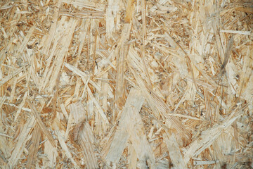 Texture of OSB boards. Chipboard. Plywood sheet with sawdust, building material, plywood with fragments of pressed sawdust.