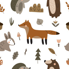 Seamless pattern with cute animals: hedgehog, hare, bear, fox and gifts of nature. Vector illustration isolated on white background in warm colors