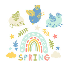 Delicate children's spring vector poster in scandinavian style. Cute pastel birds, twigs, clouds, stars, a rainbow and an inscription for kids, textiles, decor, prints, interiors, wrappers, gifts
