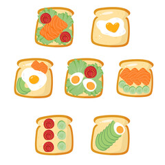 sandwich bread with eggs, fish, avocado slices