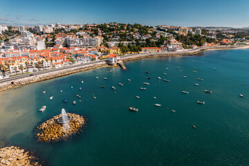 Aerial View of Praia Velha which means Old Beach at Paco de Arcos bay in Oerias, Lisbon Region,...