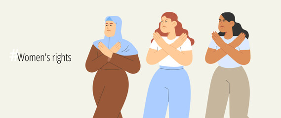 Break the bias. Human Rights - Women's rights. Flat vector illustration with group of women crossed their arms. Concept of international women's day.