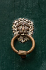 Closeup view of weathered antique brass lion head door knocker on ancient green wooden door, Montpellier, France
