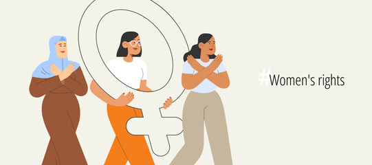 Break the bias. Flat vector illustration with group of women of different nationalities advocating for women's rights. Concept of gender equal. International women's day or women's history month.