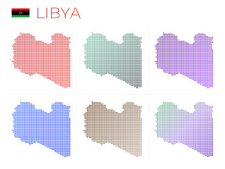 Fototapeta na wymiar Libya dotted map set. Map of Libya in dotted style. Borders of the country filled with beautiful smooth gradient circles. Awesome vector illustration.