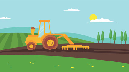 Obraz na płótnie Canvas yellow tractor plows in the field