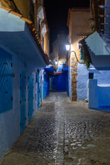 Chefchaouen, Morocco - 17 January 2022 : Alleys of the blue city Chefchaouen by night