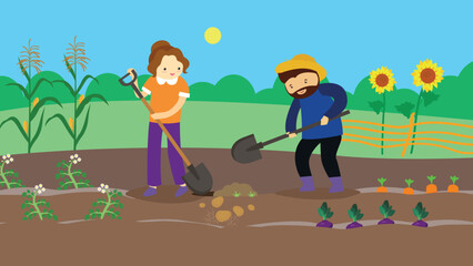 Man and woman planting potatoes in a vegetable garden on a farm
