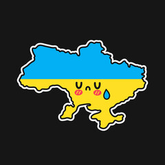Obraz premium Sad cry funny Ukraine map and flag character. Vector flat line cartoon kawaii character illustration icon. Ukraine cry concept