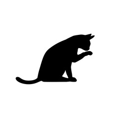 Cat licking its paw isolated on white background. A silhouette cat. Pet animal. Vector stock - obrazy, fototapety, plakaty