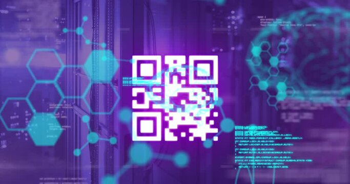 Animation of brain, scientific data and qr code over servers