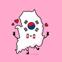 Cute funny smiling happy South Korea map and flag character. Vector cartoon character illustration icon design. South Korea map outline concept
