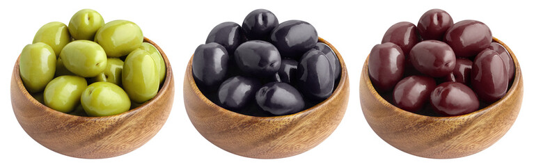 Collection of delicious green, black and red olives, isolated on white background