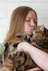 Portrait of young woman holding cute cat with green eyes. girl kiss cat
