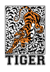 Tiger Slogan With Wild Crawling Tiger Illustration on Tiger Skin Pattern Background For Apparel, Print Tee, Print Surface, Pattern and Others Uses