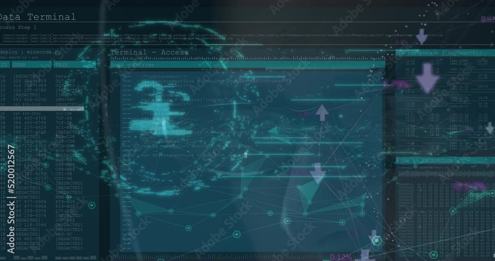 Poster animation of security padlock icon and data processing over close up of male hacker