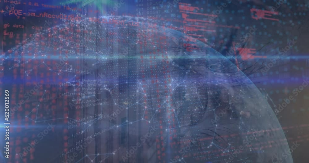 Wall mural animation of network of connections and data processing over globe and close up of female eye
