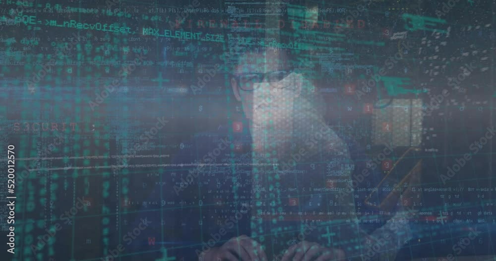 Poster animation of cyber security data processing over portrait of male hacker using laptop