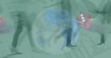 Animation of data processing and dice over time-lapse of people walking on the street against globe - Powered by Adobe