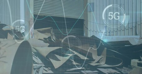 5g text over multiple round scanners and graphs moving against scrap metal at junkyard - Powered by Adobe