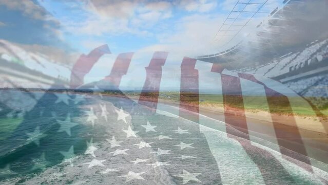 Composite video of waving american flag over waves in the sea against sports stadium