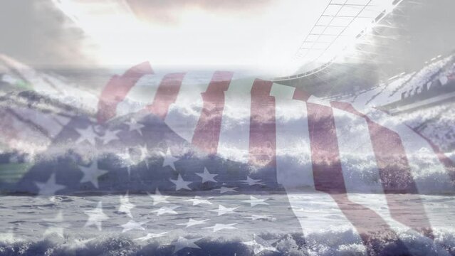 Composite video of waving american flag over waves in the sea against sports stadium