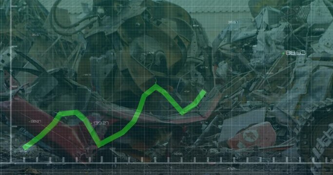 Animation of statistical data processing over grid network against crane operating at junkyard