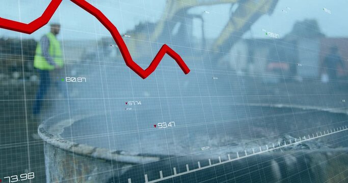 Animation of statistical data processing over grid network against crane operating at junkyard