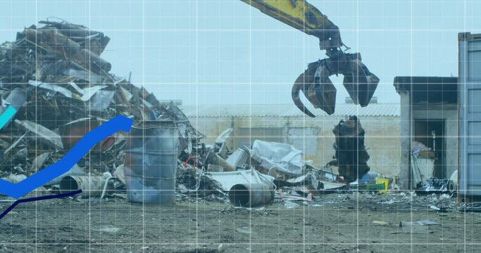 Animation of statistical data processing over grid network against crane operating at junkyard