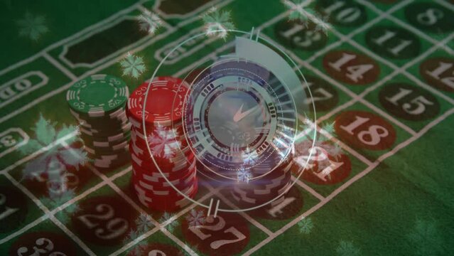 Animation of neon ticking clock and snowflakes icons over stack of casino poker chips on a table