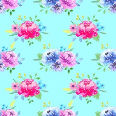 Floral seamless pattern with colorful bouquets of flowers on a blue background