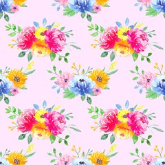 Fototapeta na wymiar Floral seamless pattern with colorful bouquets on a pink background