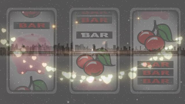 Animation of glowing heart shaped fairy lights over casino slot machine against view of cityscape